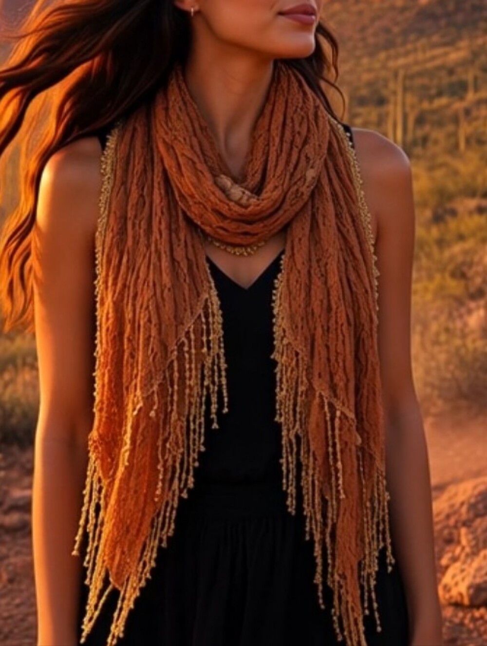 Browning Brown & Tan Lace Scarf with Cream Fringe Trim